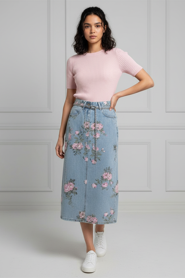 Jupe Jean Denim Clair Motif Floral Bohème