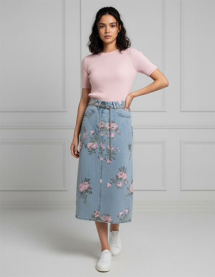 Jupe Jean Denim Clair Motif Floral Bohème