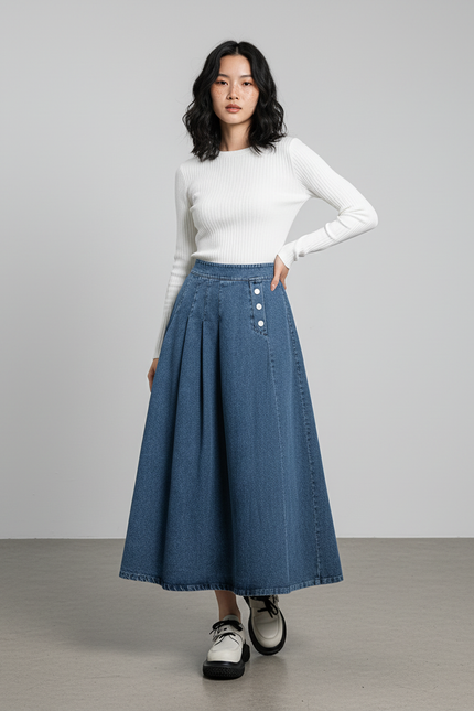 Jupe Jean Bleu Clair Plissée Rétro Charmante