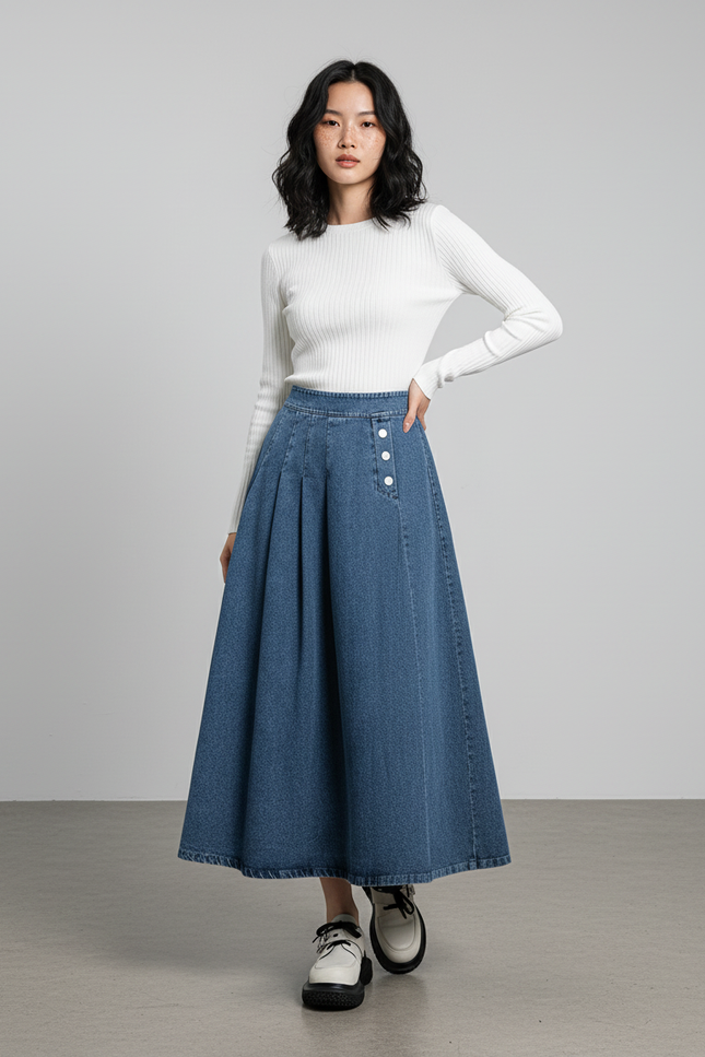 Jupe Jean Bleu Clair Plissée Rétro Charmante