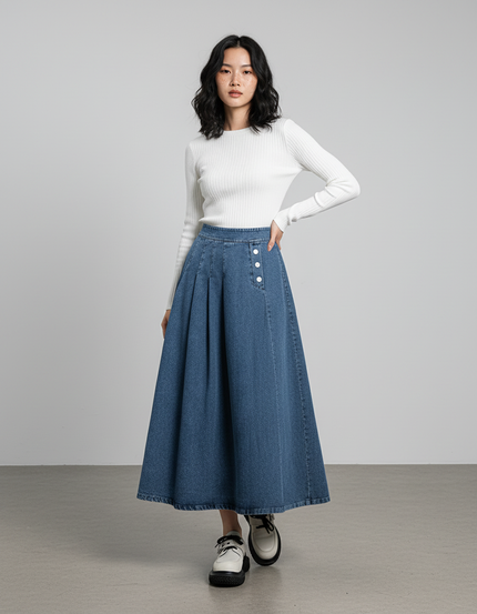 Jupe Jean Bleu Clair Plissée Rétro Charmante