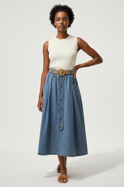 Jupe Jean Boutonnée Évasée Fluide