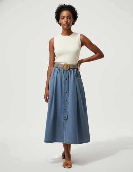 Jupe Jean Boutonnée Évasée Fluide