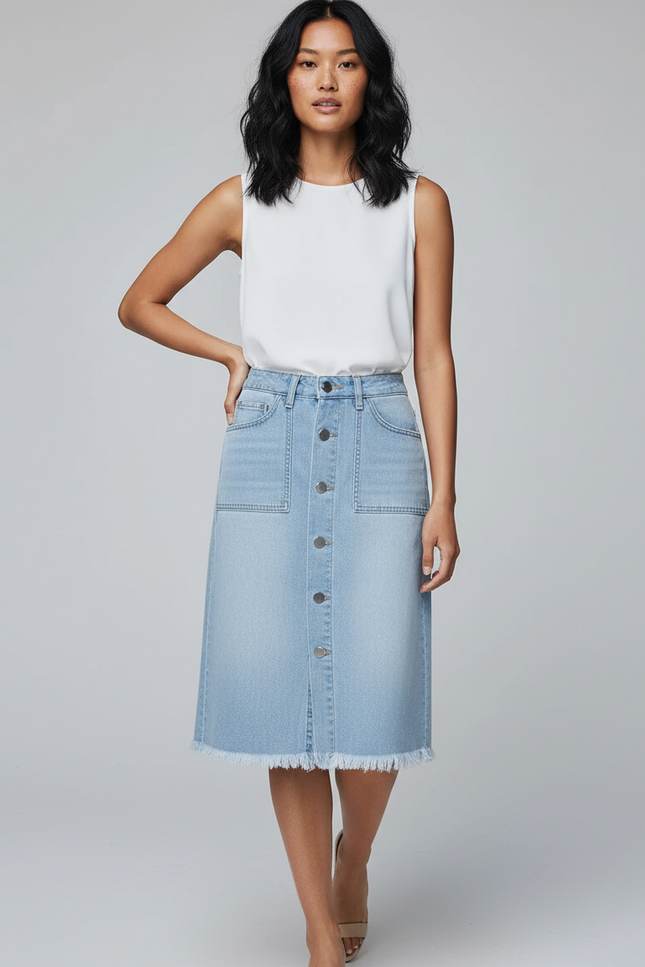 Jupe Jean Délavée Boutonnée Décontractée