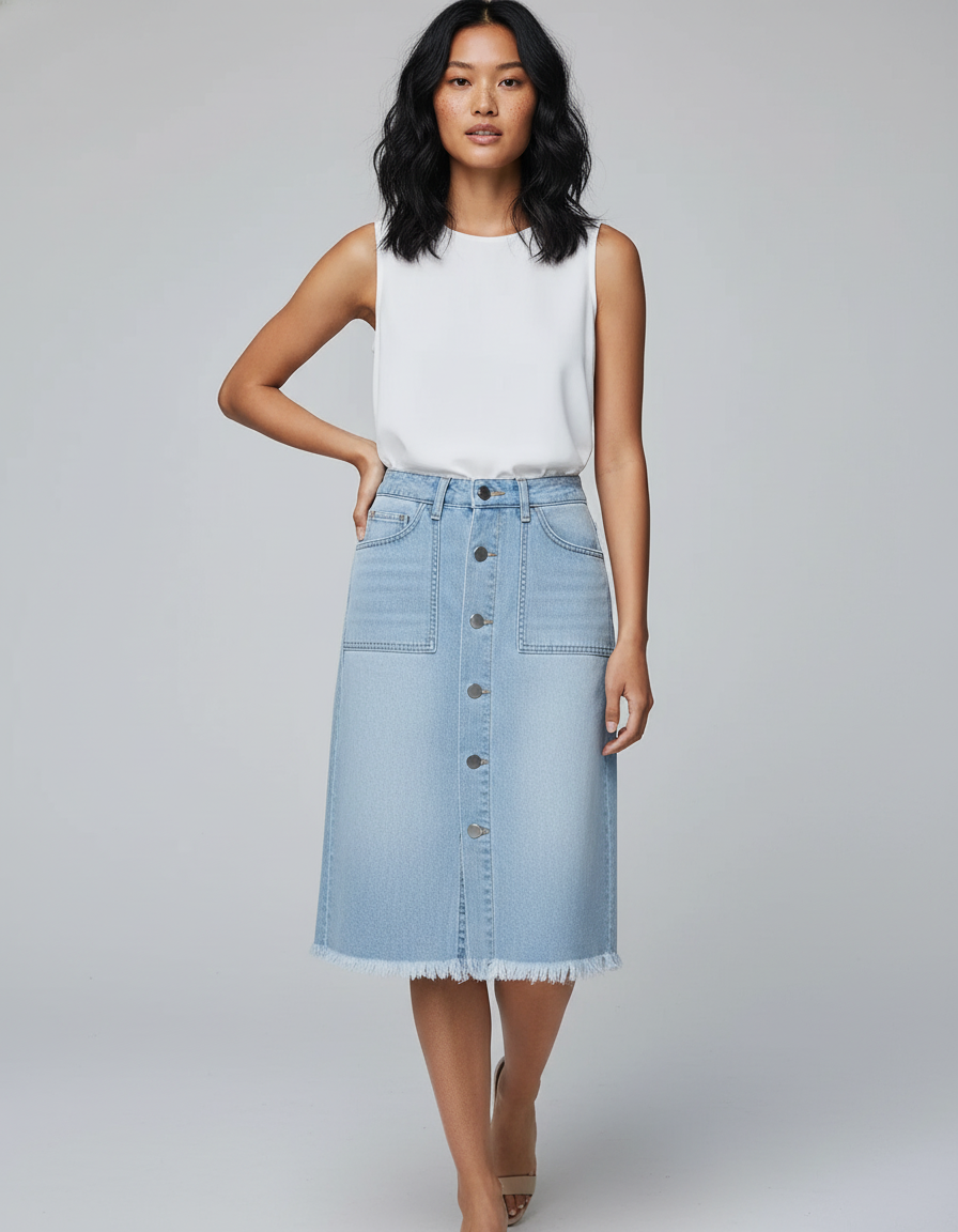 Jupe Jean Délavée Boutonnée Décontractée