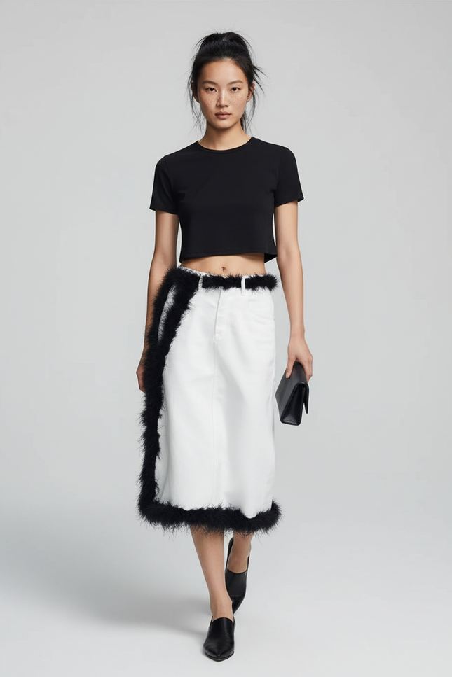 Jupe Jean Blanc Bordure Fourrure Chic