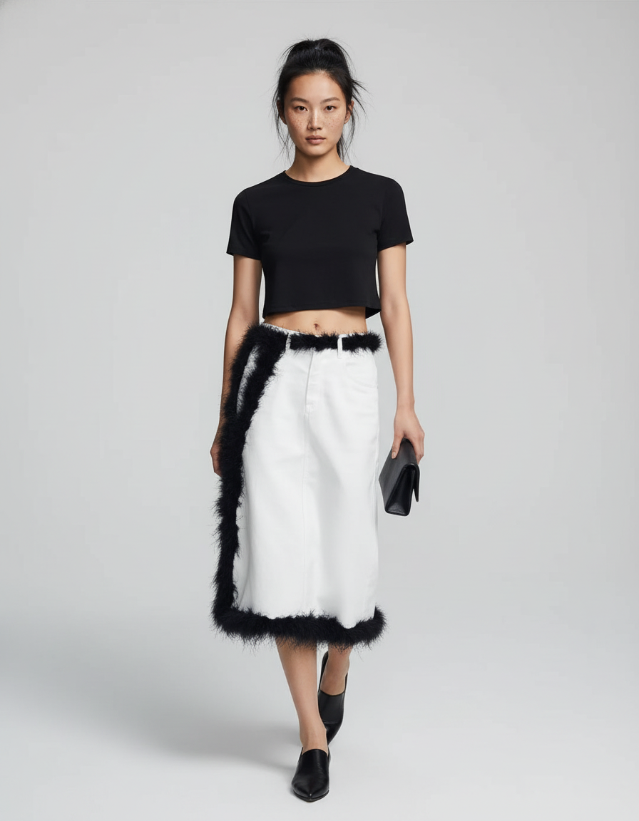 Jupe Jean Blanc Bordure Fourrure Chic