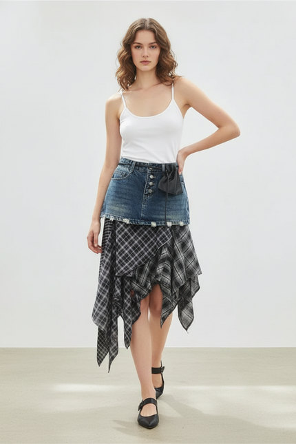 Jupe Jean Asymétrique Carreaux Chic
