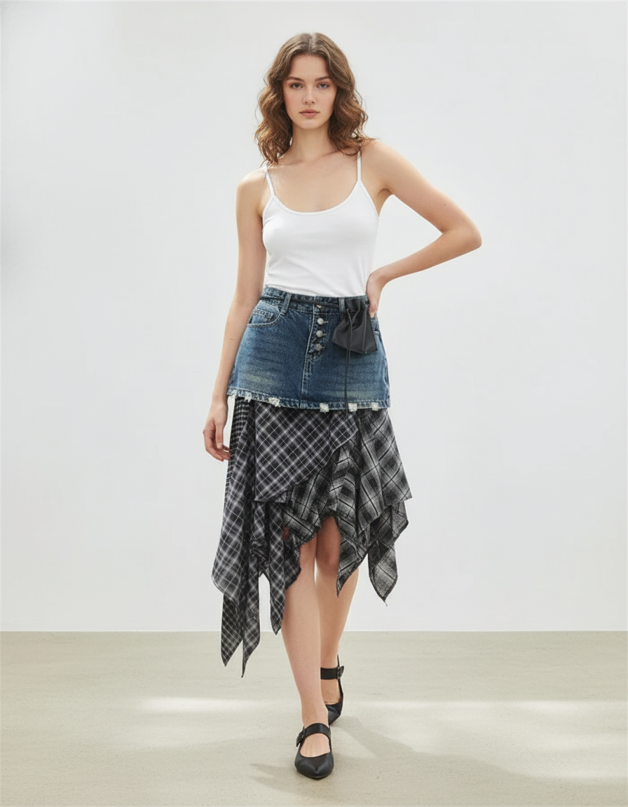 Jupe Jean Asymétrique Carreaux Chic
