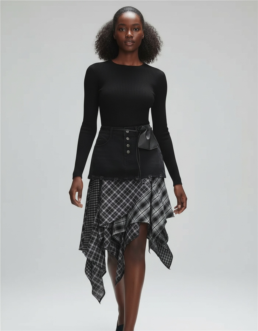 Jupe Jean Asymétrique Écossaise Chic