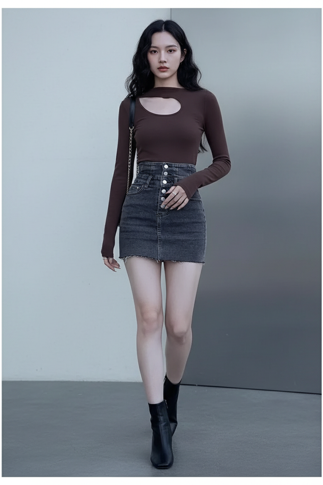 Jupe Jean Taille Haute Boutonnée Chic