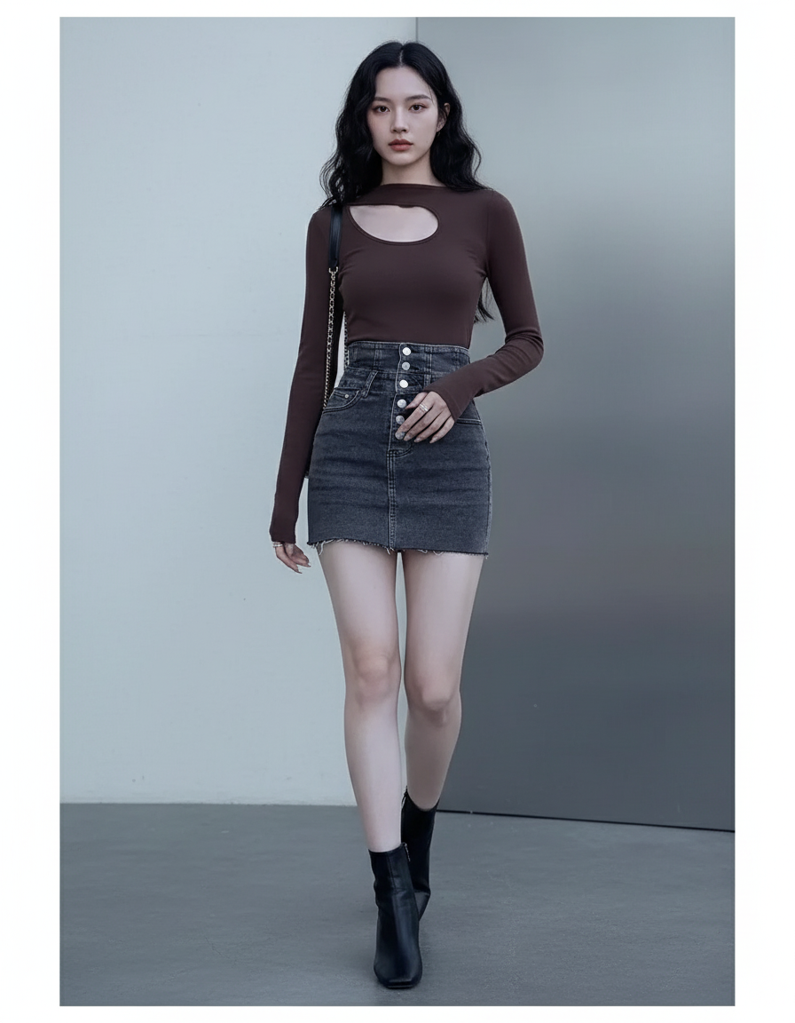 Jupe Jean Taille Haute Boutonnée Chic