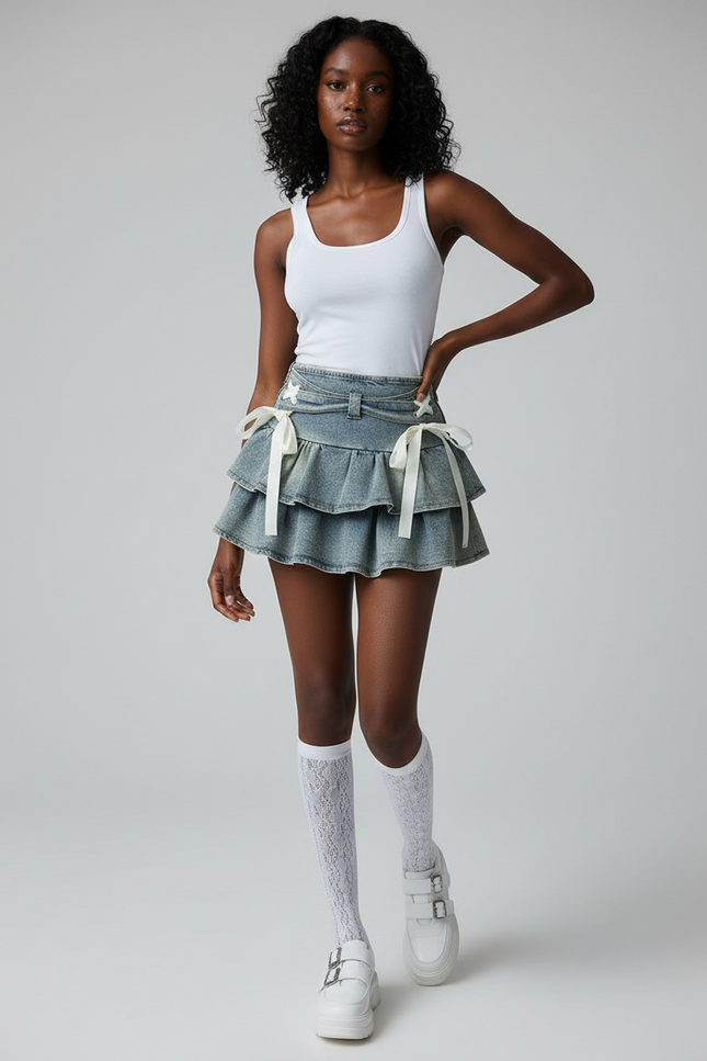 Jupe Jean Délavée À Volants Kawaii