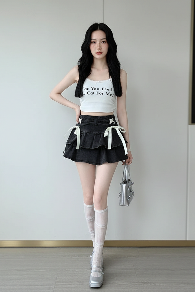 Jupe Jean Noire À Volants Kawaii