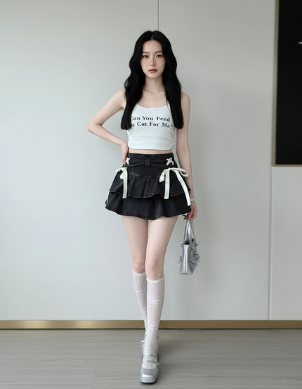 Jupe Jean Noire À Volants Kawaii