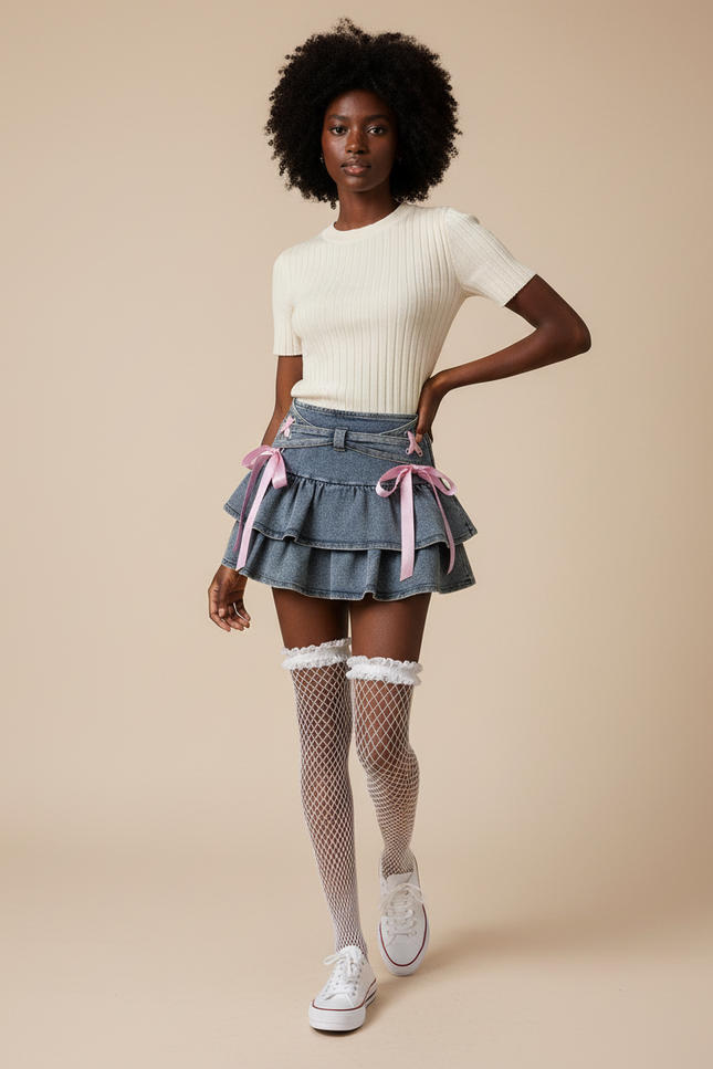 Jupe Jean Mini Volants Décontractée Aérienne