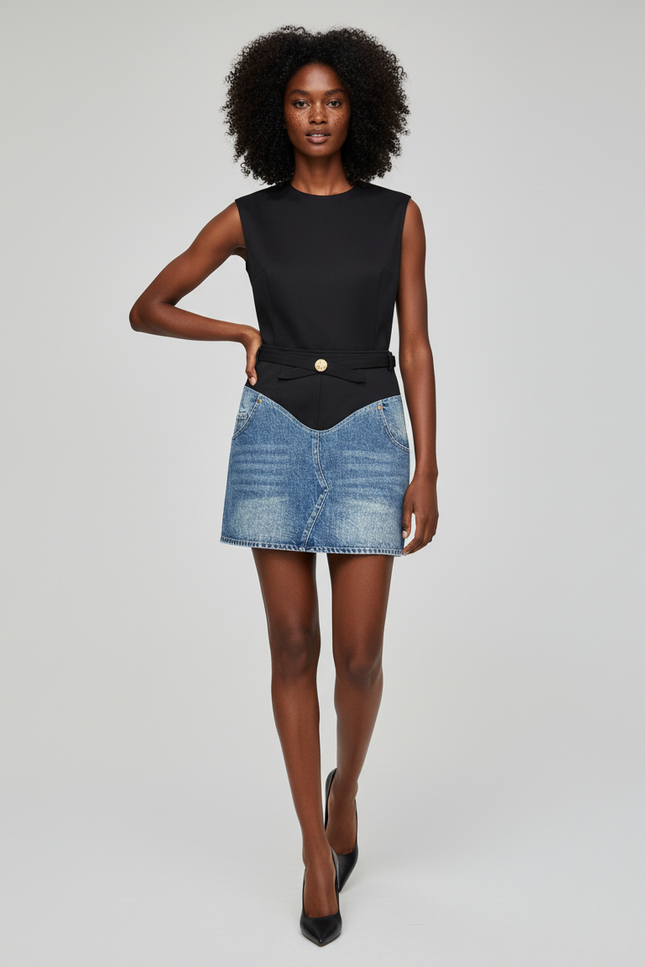 Jupe Jean Courte Patchwork Noir Chic