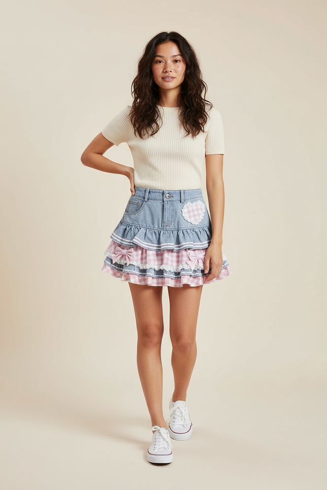 Jupe Jean Bleu Clair À Volants Mignonne