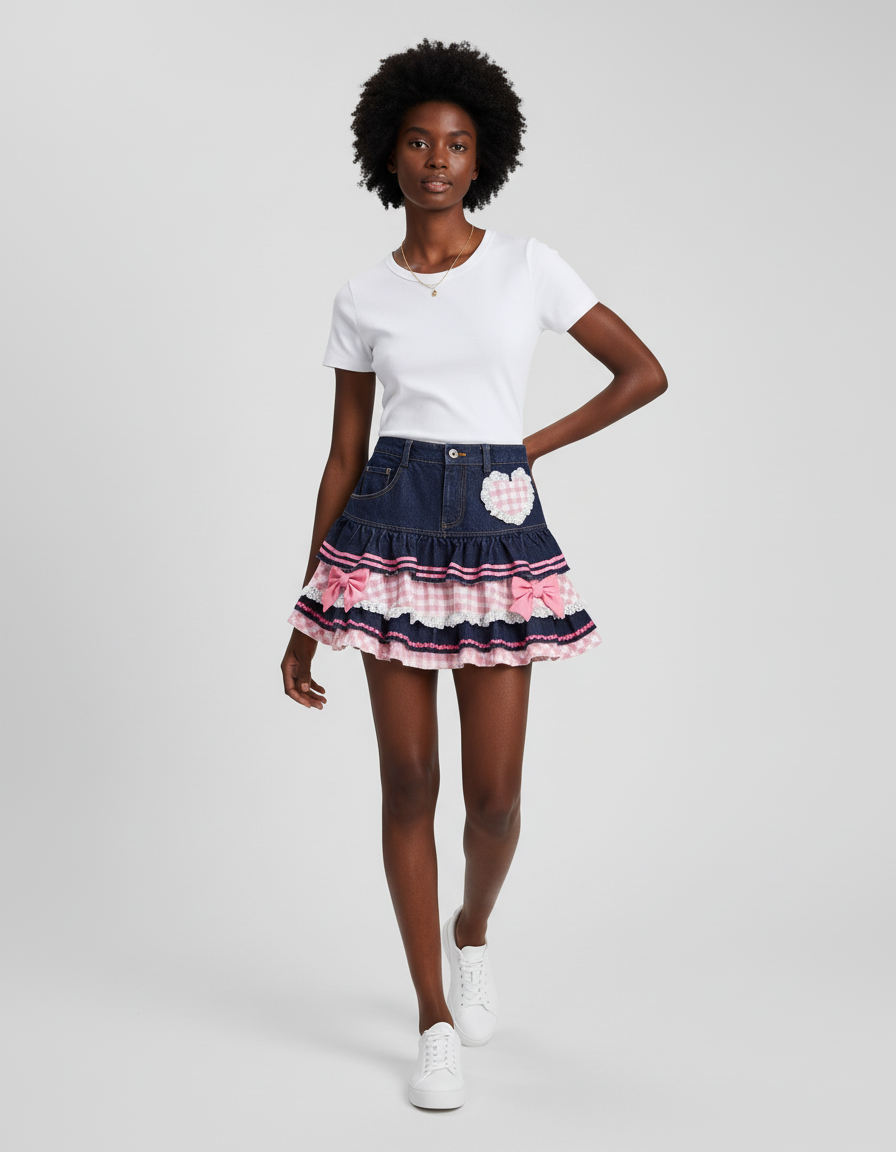 Jupe Jean Bleu Foncé Volantée Mignonne