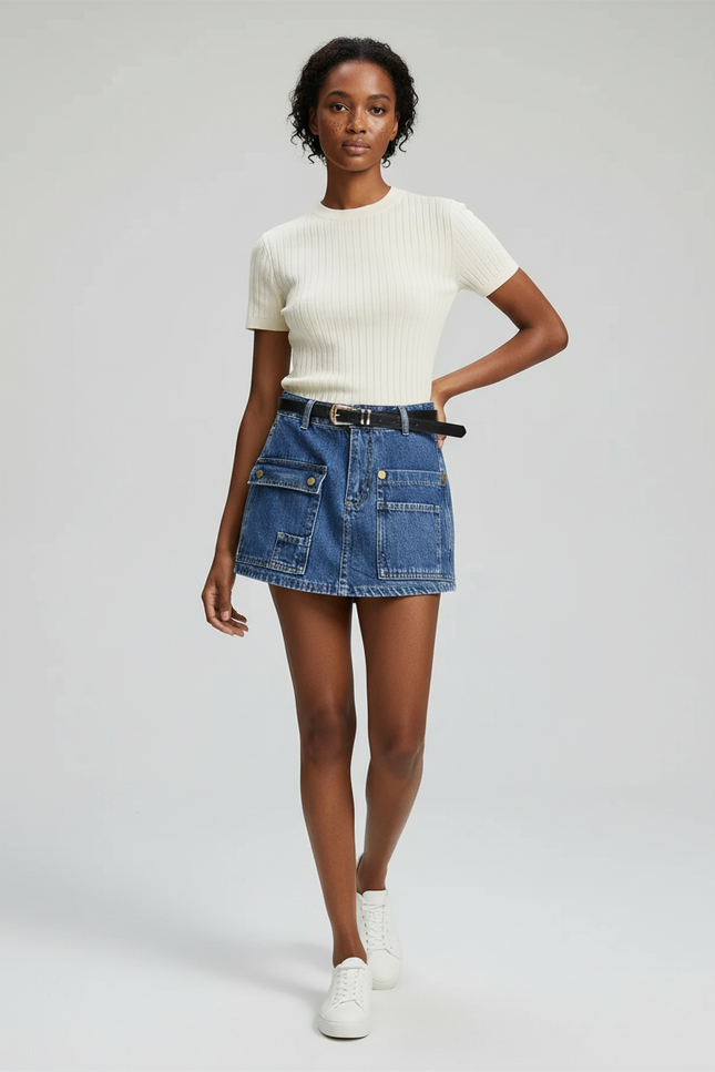 Jupe Jean Taille Haute Poches Cargo Décontractée
