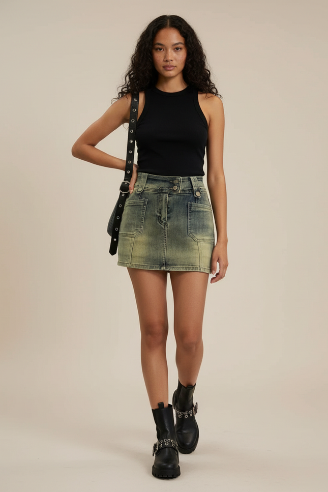 Jupe Jean Délavée Taille Haute Décontractée