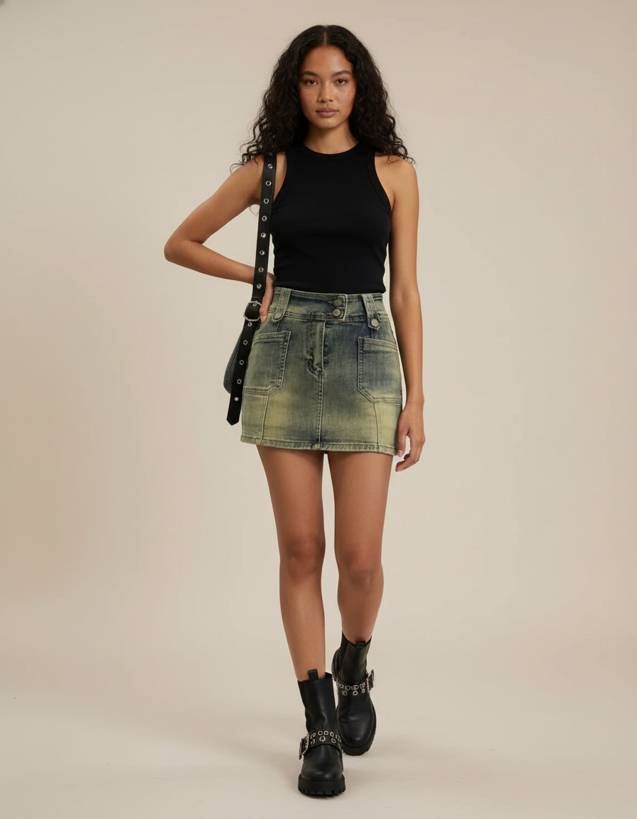 Jupe Jean Délavée Taille Haute Décontractée