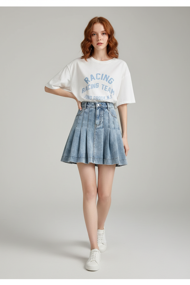 Jupe Jean Plissée Taille Haute Mini