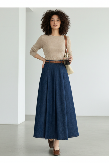 Jupe Jean Longue Plissée Élégante Sophistiquée