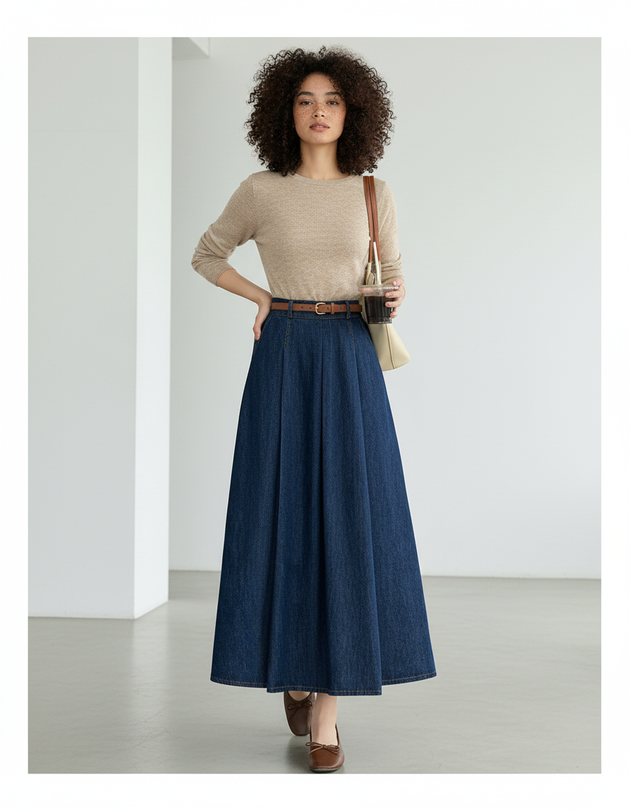Jupe Jean Longue Plissée Élégante Sophistiquée