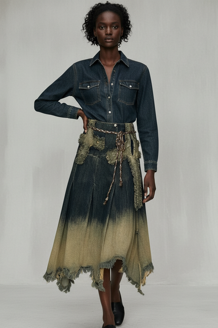 Jupe Jean Dégradée Frangée Vintage