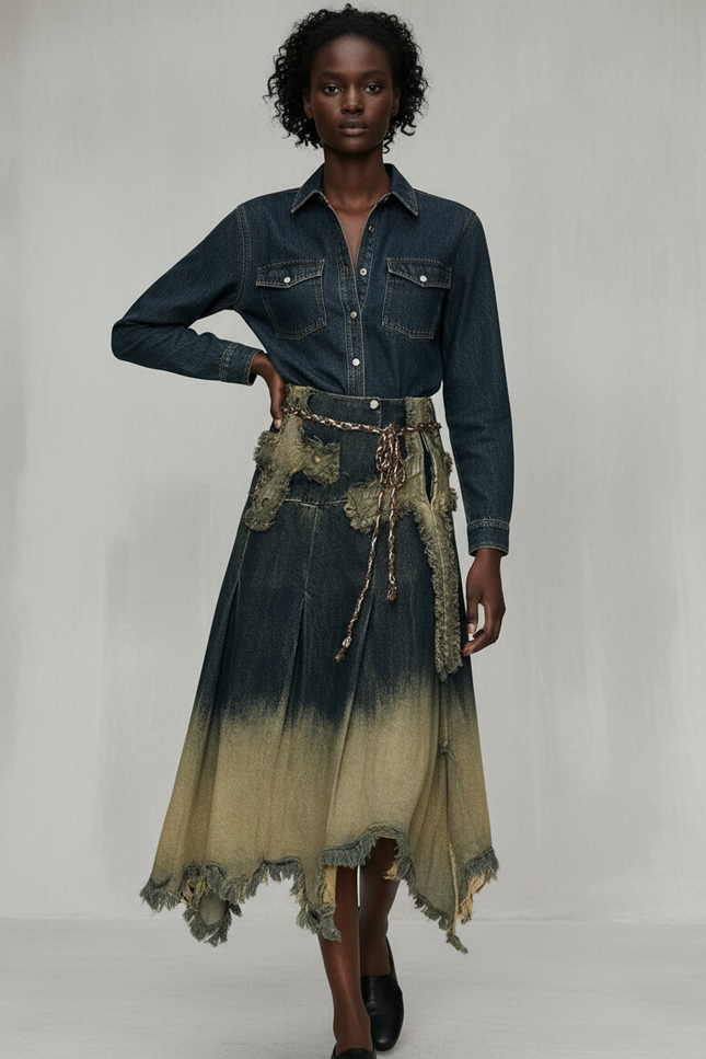 Jupe Jean Dégradée Frangée Vintage