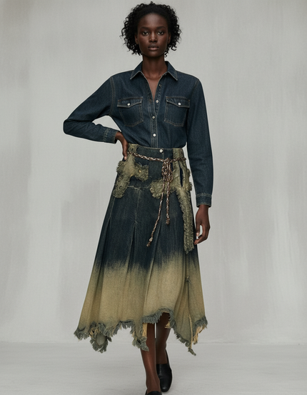 Jupe Jean Dégradée Frangée Vintage