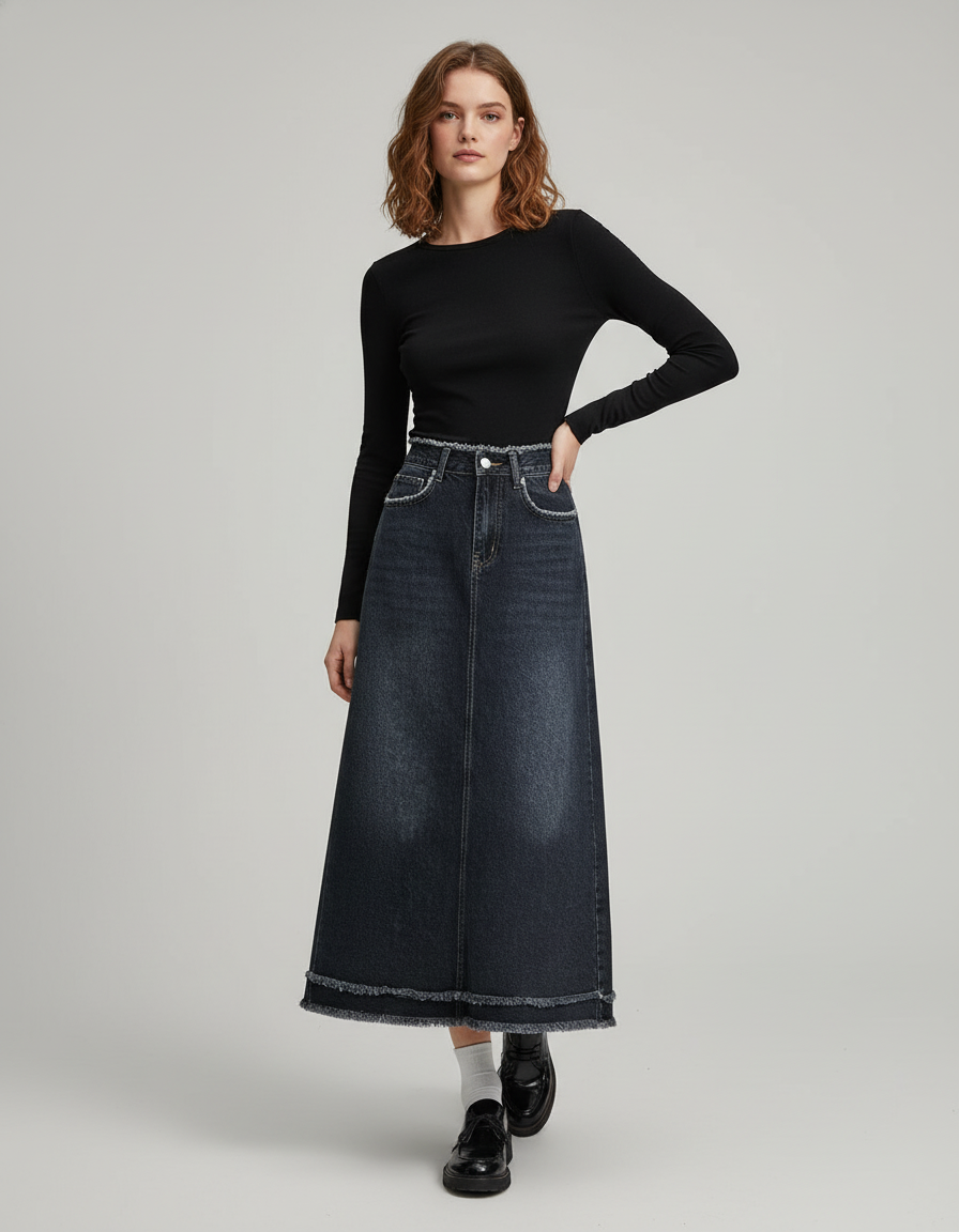 Jupe Jean Délavée Longue Décontractée