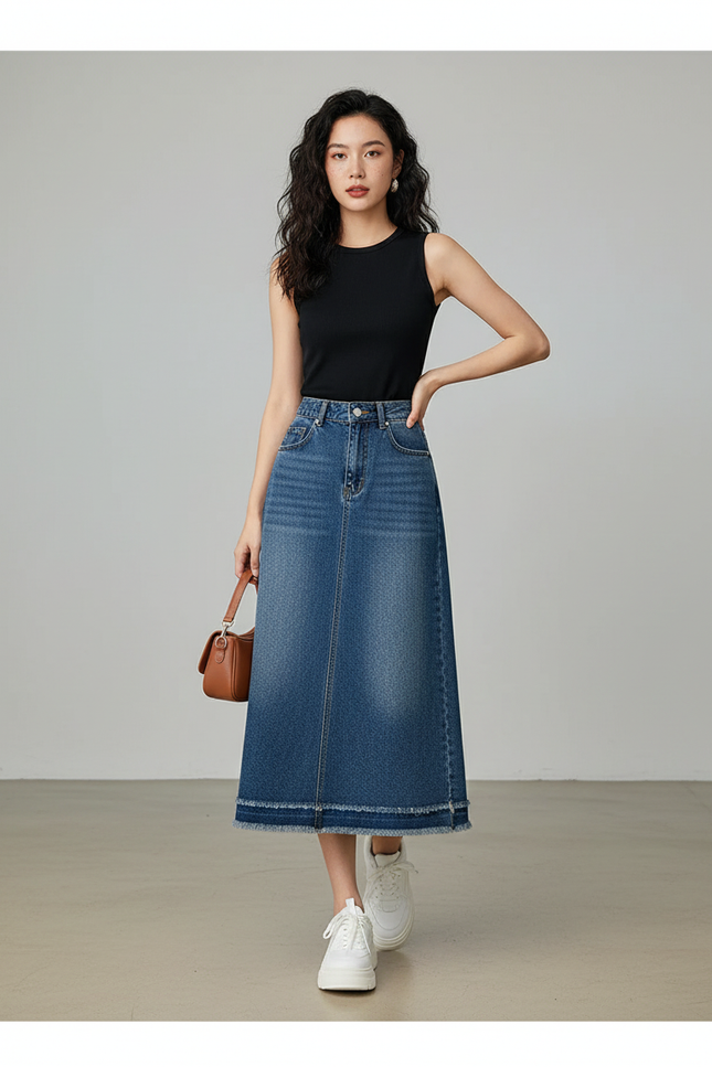 Jupe Jean Midi Frangée Décontractée