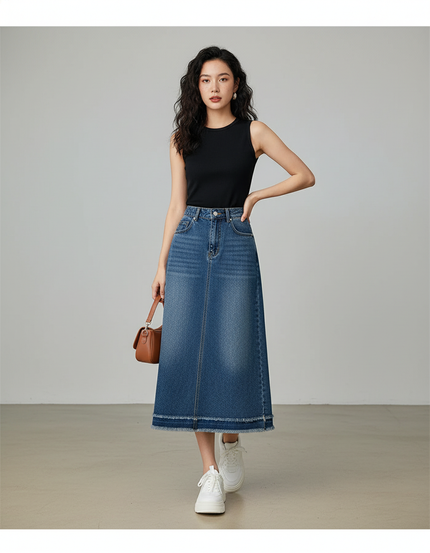 Jupe Jean Midi Frangée Décontractée