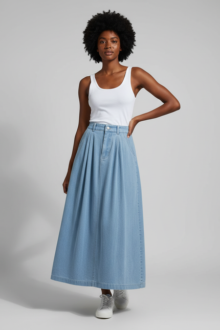 Jupe Jean Plissée Longue Décontractée