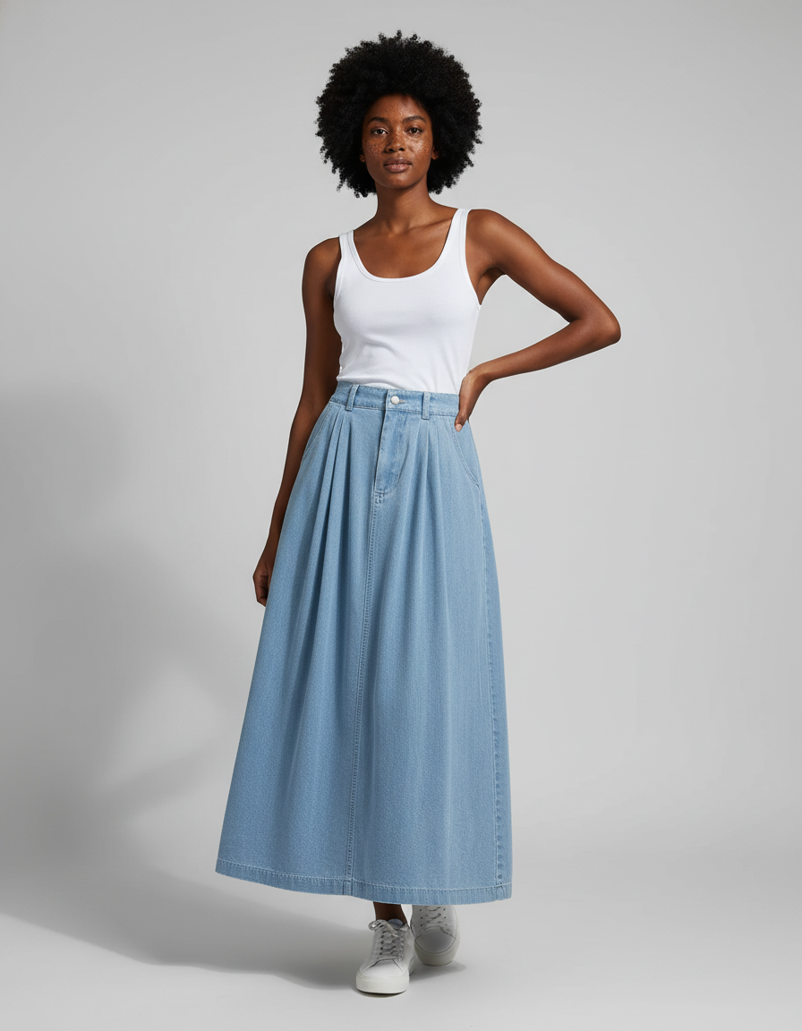 Jupe Jean Plissée Longue Décontractée