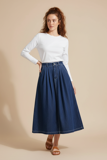 Jupe Jean Plissée Taille Haute Décontractée