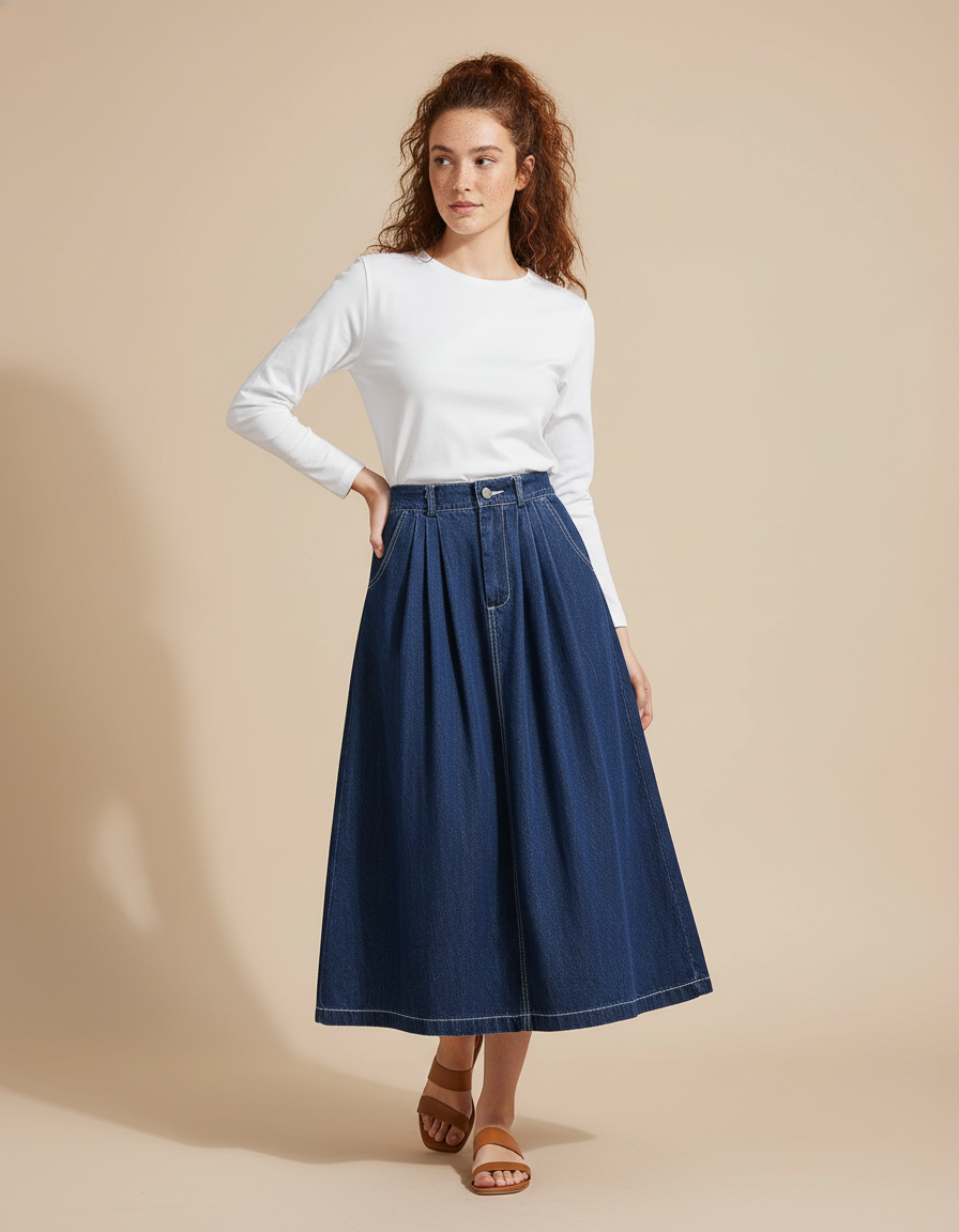 Jupe Jean Plissée Taille Haute Décontractée