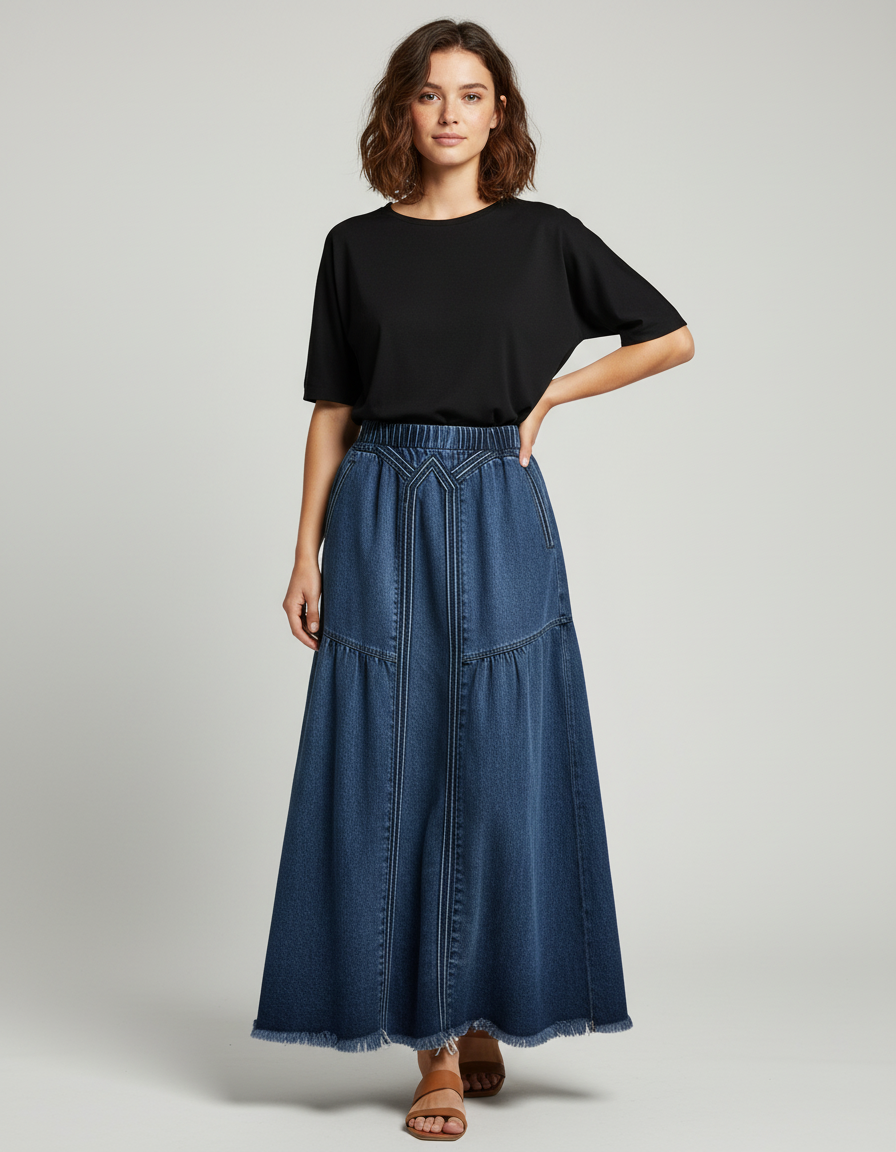 Jupe Jean Longue Évasée Fluide
