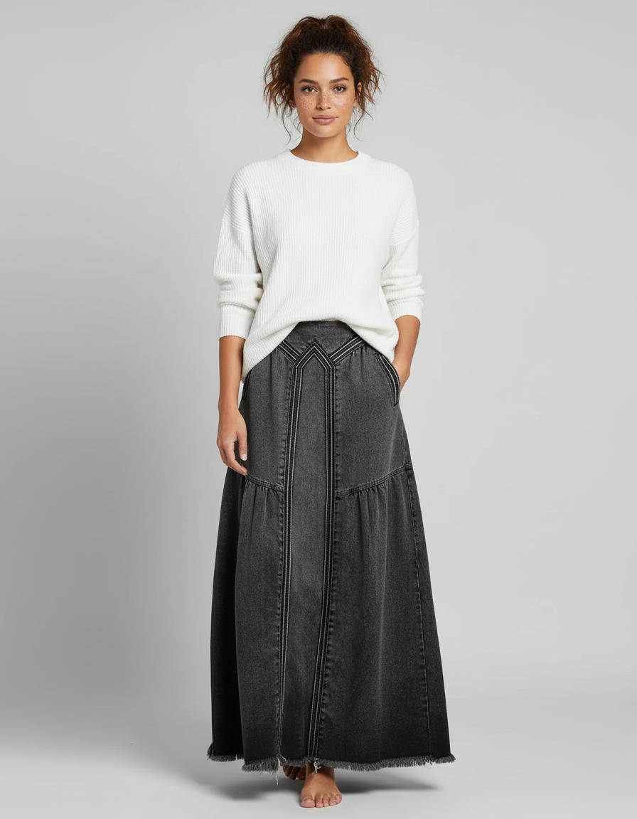 Jupe Jean Gris Délavé Évasée Chic