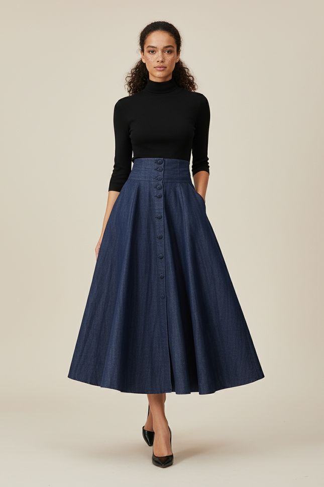 Jupe Jean Boutonnée Évasée Élégante