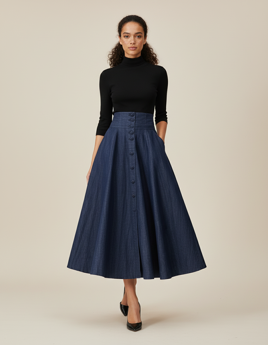 Jupe Jean Boutonnée Évasée Élégante