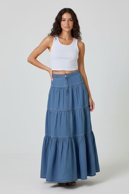 Jupe Jean Longue Étagée Fluide