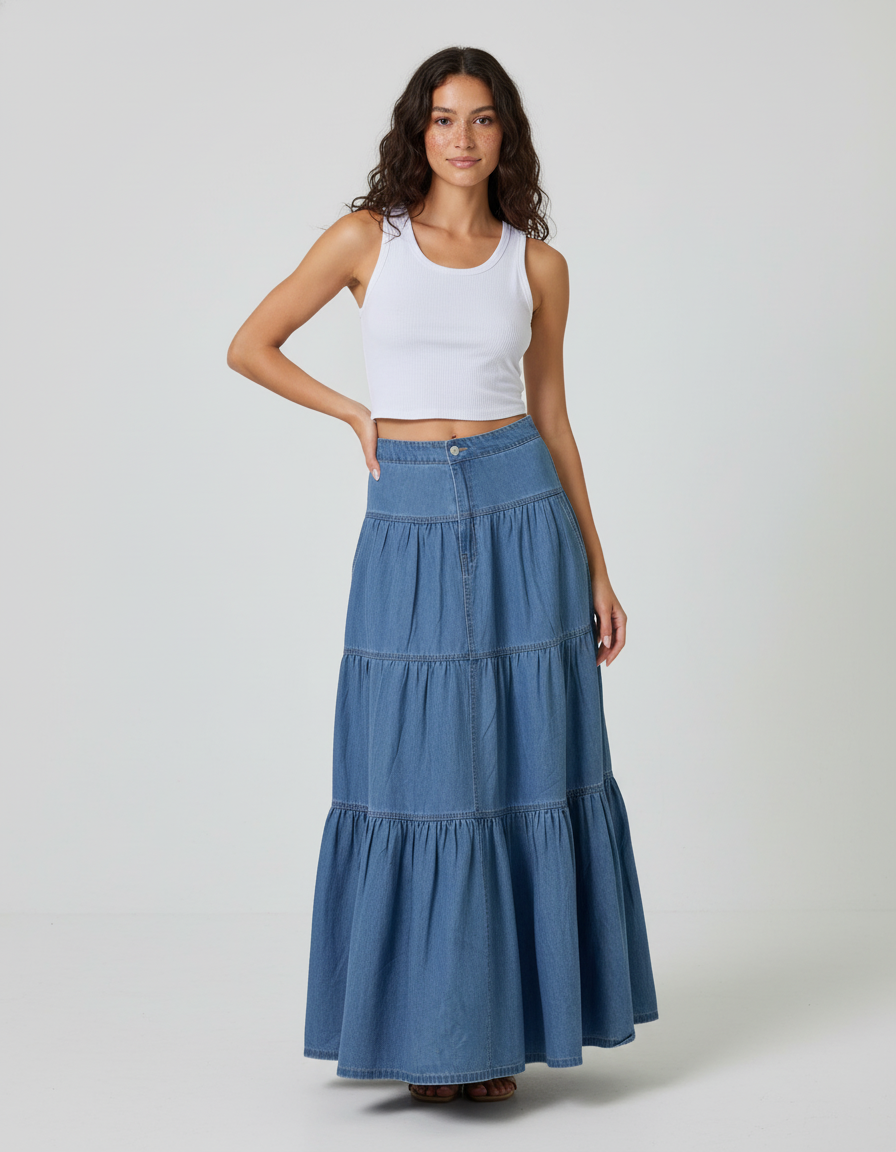 Jupe Jean Longue Étagée Fluide