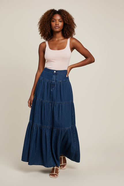 Jupe Jean Longue À Volants Fluide