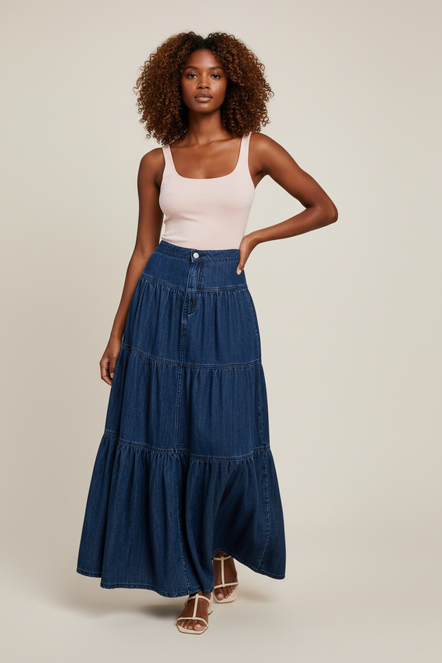 Jupe Jean Longue À Volants Fluide