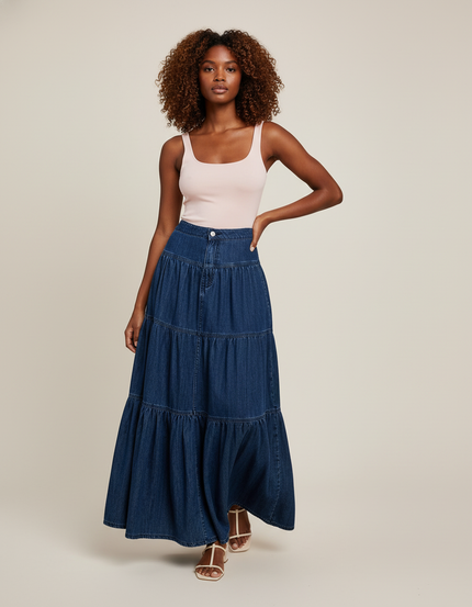 Jupe Jean Longue À Volants Fluide