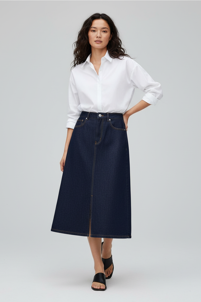 Jupe Jean Bleu Foncé Coupe Évasée Décontractée