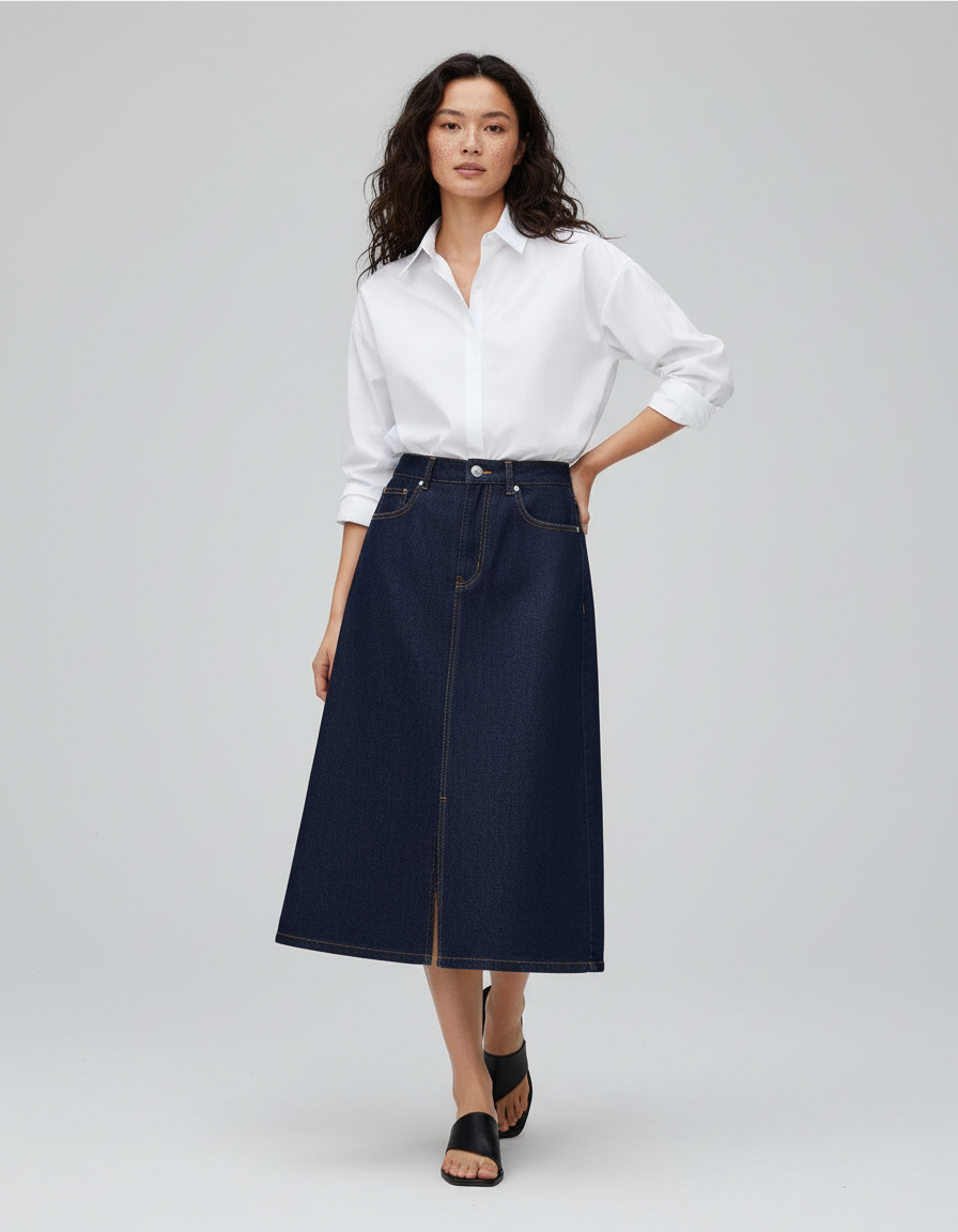 Jupe Jean Bleu Foncé Coupe Évasée Décontractée